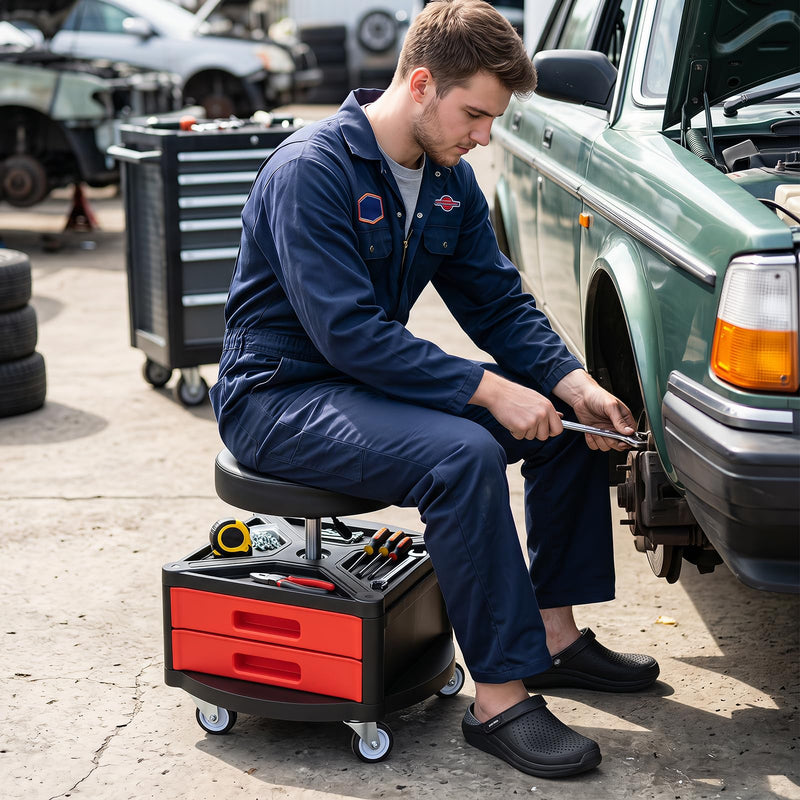 Load image into Gallery viewer, Goplus Rolling Mechanic Stool with Cushioned Seat with 3 Drawers and Tool Tray
