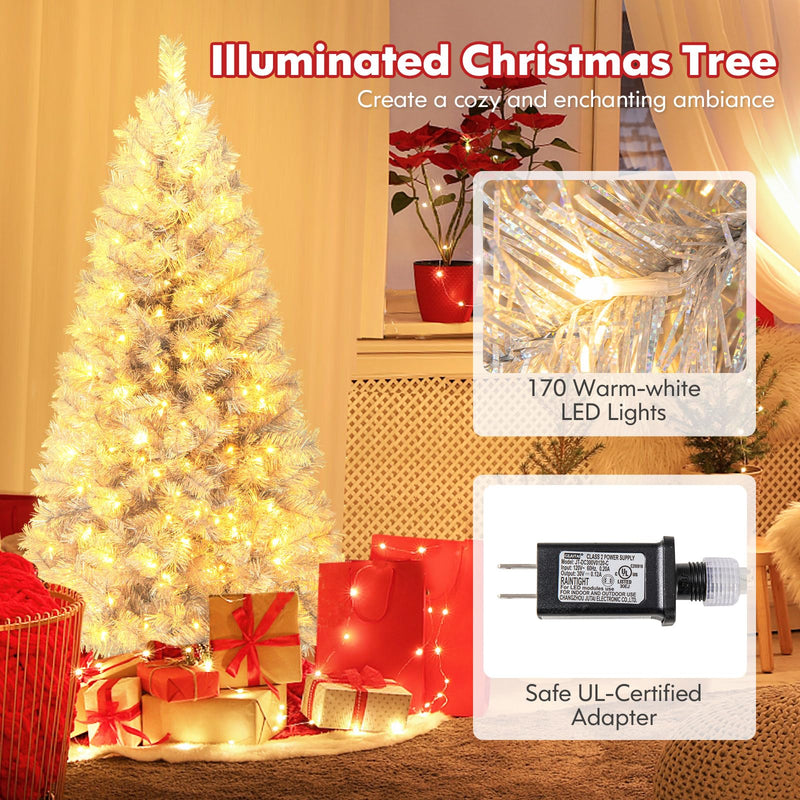 Load image into Gallery viewer, Goplus 5ft / 6ft / 7 ft Pre-Lit Silver Tinsel Christmas Tree with Warm White LED Lights
