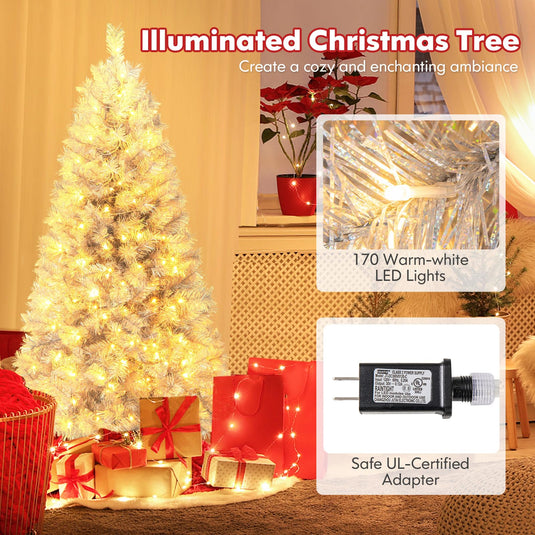 Goplus 5ft / 6ft / 7 ft Pre-Lit Silver Tinsel Christmas Tree with Warm White LED Lights