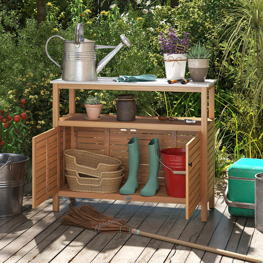 Goplus Outdoor Potting Bench with 2-Door Storage Cabinet & Faux Marble Tabletop