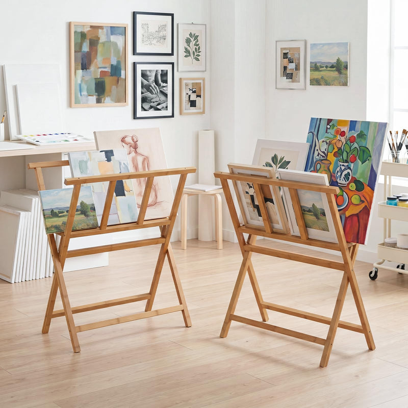 Load image into Gallery viewer, Goplus Bamboo Art Print Rack for Canvas Storage &amp; Display | Freestanding Artwork Display Stand
