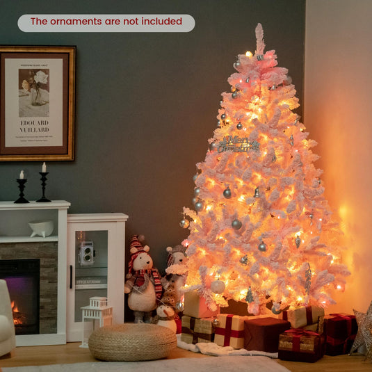 Goplus 6FT Pink Pre-lit Christmas Tree, Hinged Snow Flocked Artificial Xmas Tree, Seasonal Holiday Decoration for Office Home