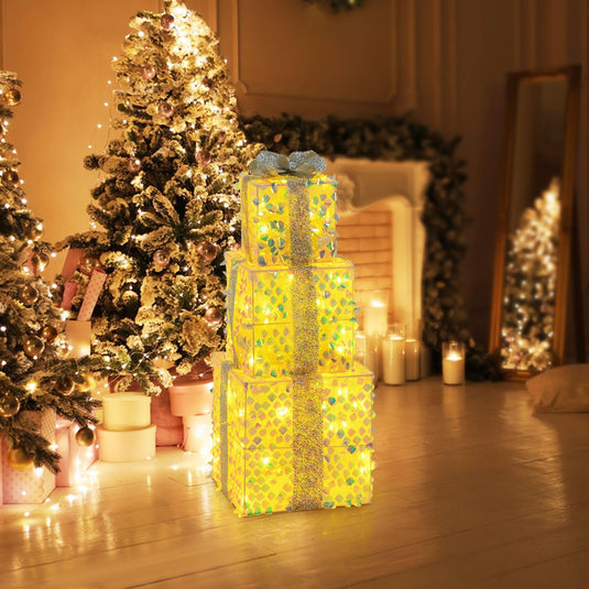 Goplus 3 Pieces Christmas Lighted Gift Boxes ( Laser Fish Scale )