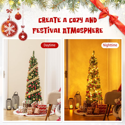 Goplus Pre-Lit Slim Pencil Christmas Tree Slender Holiday Tree for Home Office Decoration