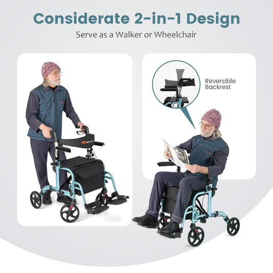 Goplus 2 in 1 Folding Rollator Walker, 4 Wheel Medical Walker with Seat