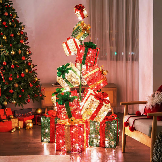 Goplus 15 Pieces Stackable Pre-lit Lighted Boxes Tower w/ 450 Warm White Lights