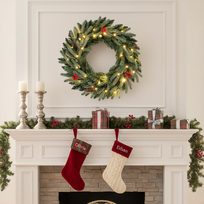 Load image into Gallery viewer, 24” Pre-lit Christmas Wreath Front Door Artificial Xmas Wreath with 90 Frosted Branch Tips
