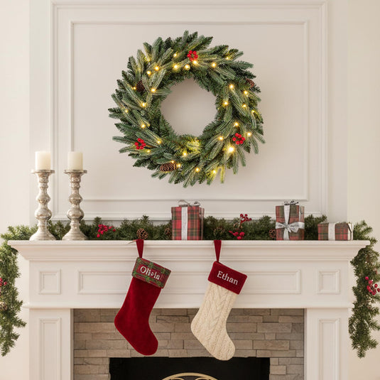 24” Pre-lit Christmas Wreath Front Door Artificial Xmas Wreath with 90 Frosted Branch Tips