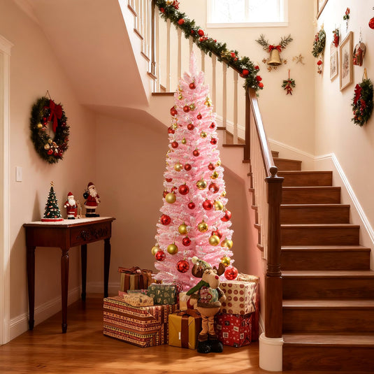 Goplus 5ft / 6ft Pink Slim Pencil Christmas Tree | Snow Flocked Skinny Xmas Full Tree