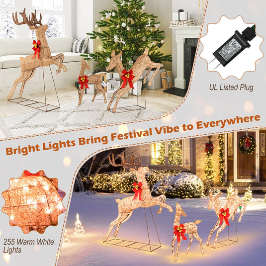 Goplus 3 Pieces Light up Christmas Reindeers Pre-lit Glittering Reindeer Family Set