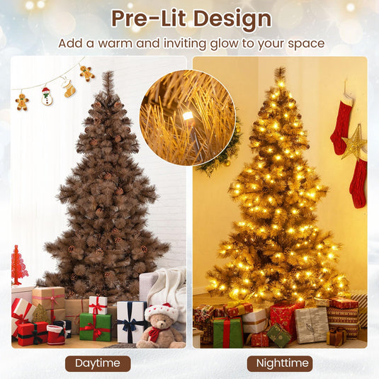 Goplus 6 FT Pre-Lit Chocolate-Color Xmas Tree with 493 Pine Needles & PVC Tips
