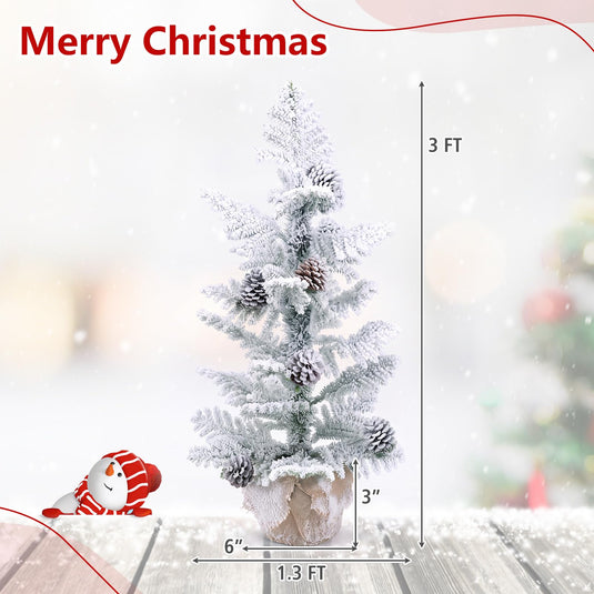 Goplus 3ft Tabletop Snow Flocked Christmas Tree | Mini Xmas Tree with 25 Cypress PE Leaves