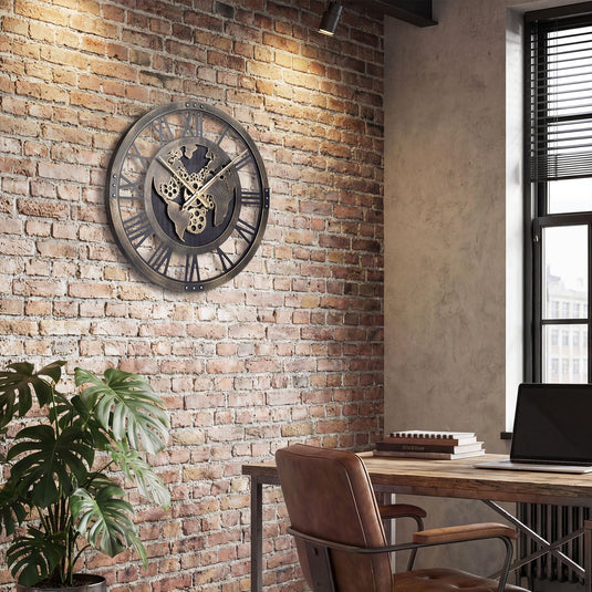 Goplus 27" Gear Clock with World Map | Non-Ticking Decorative Metal Clock with Moving Gears