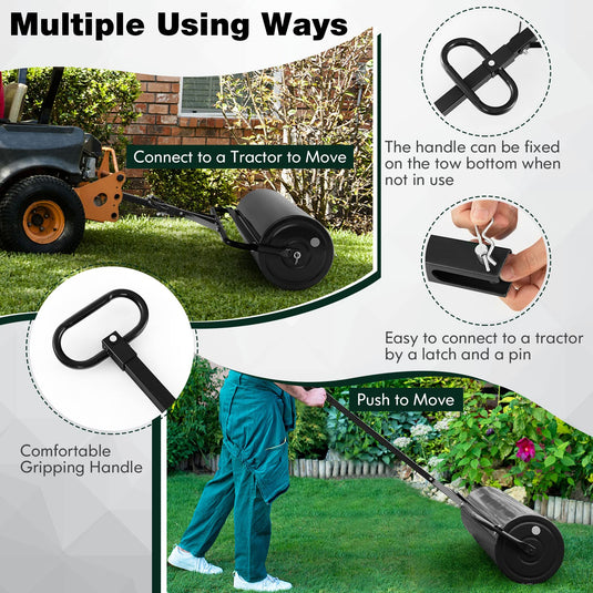 Goplus Lawn Roller, Push/Tow-Behind Lawn Roller, 17 Gallon/63L Water/Sand-Filled Sod Roller with Detachable Gripping Handle