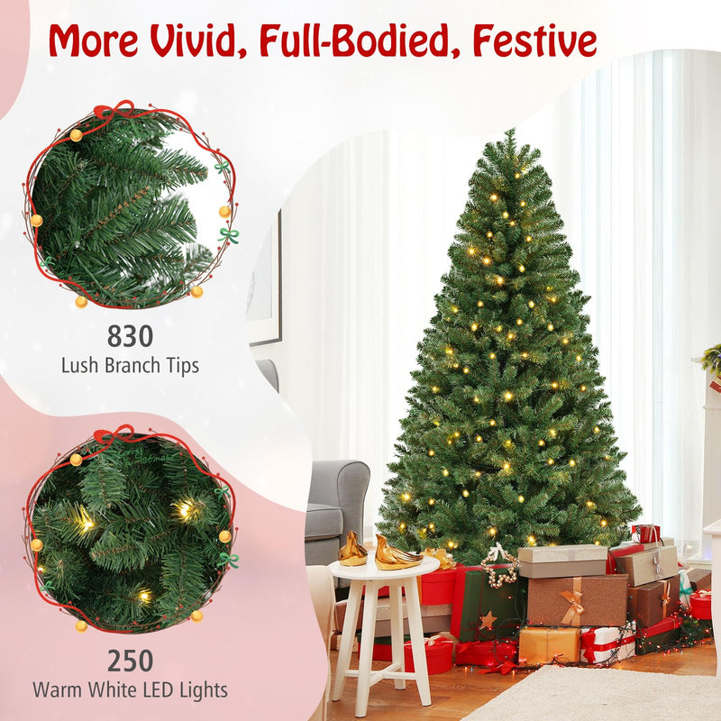 Load image into Gallery viewer, Goplus 7ft Pre-Lit Christmas Tree, Artificial Hinged Xmas Tree with 250 Warm White LED Lights
