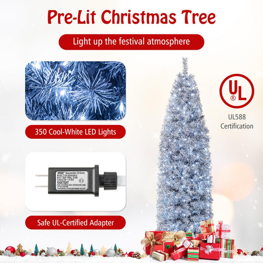 Goplus 7ft Pre-Lit Artificial Pencil Christmas Tree with 350 Cool-White LED Lights