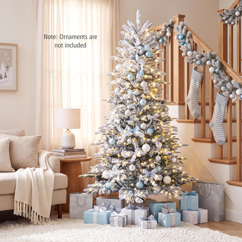 Load image into Gallery viewer, Goplus 6ft/7ft Pre-Lit Snow Flocked Christmas Tree with Warm White LED Lights &amp; Folding Metal Stand
