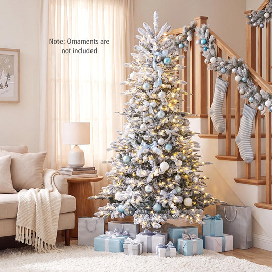 Goplus 6ft/7ft Pre-Lit Snow Flocked Christmas Tree with Warm White LED Lights & Folding Metal Stand