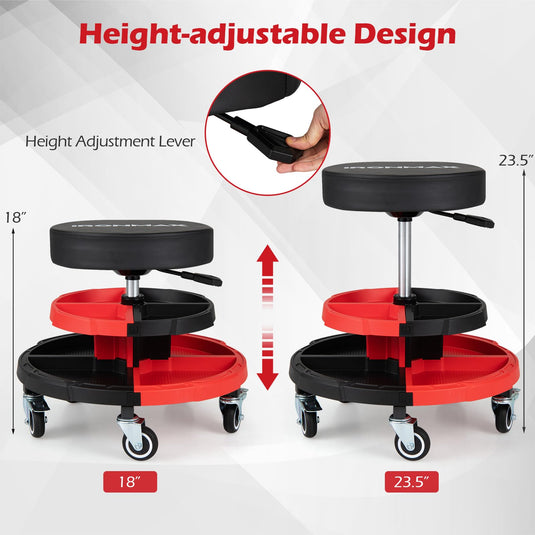 Goplus Rolling Mechanic Stool with Cushioned Seat w/ Dual Tool Trays