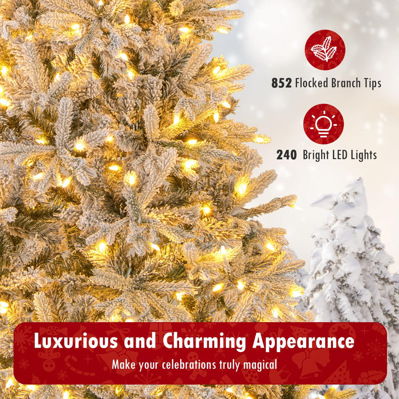 Load image into Gallery viewer, Goplus 7 FT Half Snow Flocked Christmas Tree with 240 Warm White &amp; Multicolored LED Lights
