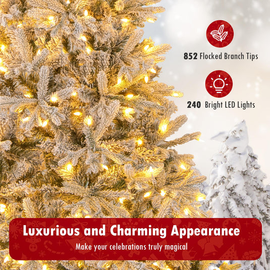 Goplus 7 FT Half Snow Flocked Christmas Tree with 240 Warm White & Multicolored LED Lights