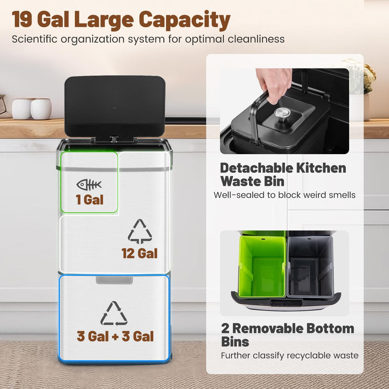 Load image into Gallery viewer, Goplus 19 Gal Stainless Steel Trash Can, 72 L Volume in 4 Containers, Motion Sensor Trash Bin
