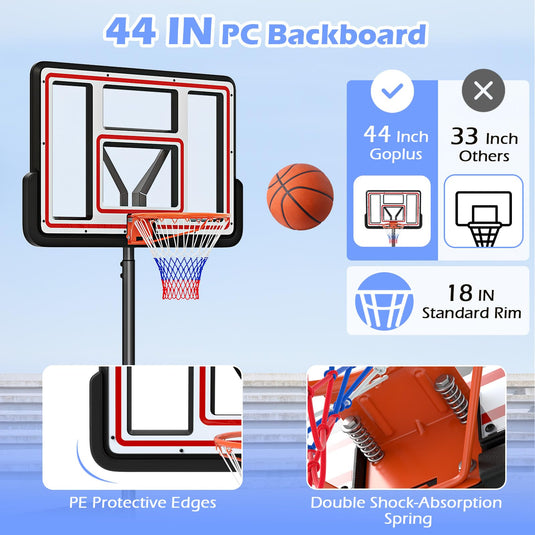 Goplus Basketball Hoop Outdoor, 7.4-10FT Quickly Height Adjustable Basketball Goal with 44 Inch Shatterproof PC Backboard