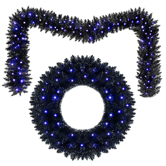 Goplus 24" Black Halloween Wreath and 9 ft Garland Set for Christmas