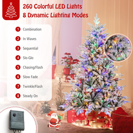Goplus 6ft Pre-Lit Snow Flocked Christmas Tree, Artificial Hinged Full ...