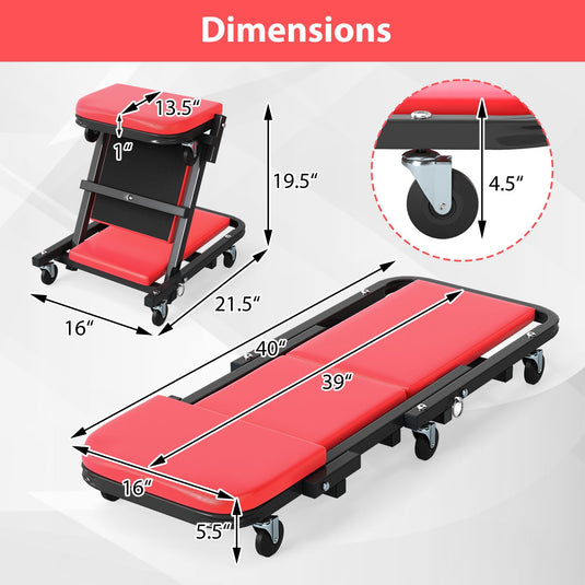 Goplus 2-in-1 Rolling Folding Z Creeper Seat with 6 Swivel Casters