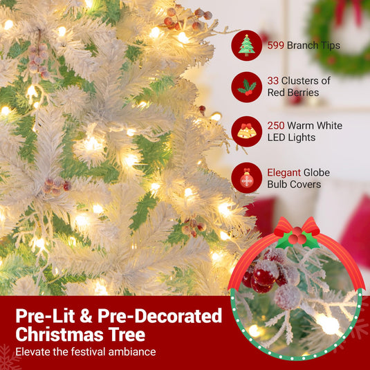 Goplus 6FT / 7FT Hinged Lighted Xmas Tree with Snow Flocked Branch Tips & LED Lights