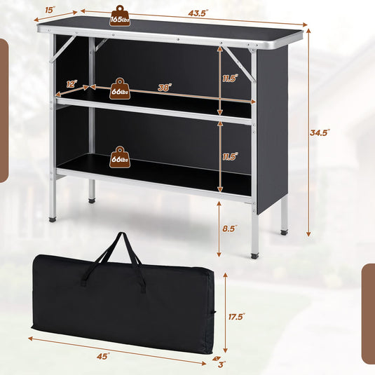 Goplus Folding Camping Table, Aluminum Portable Pop-Up Bar Table with 2-Tier Storage Shelves