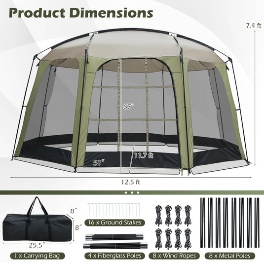 Goplus 12.5 FT X 11.7 FT Mesh Screen Tent with Zippered Door & Carrying Bag