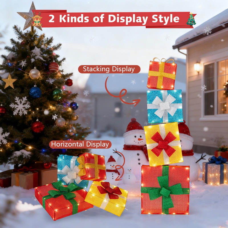 Load image into Gallery viewer, Goplus 4 Ft Lighted Gift Boxes Stackable, Pre-lit Xmas Boxes Decoration w/LED Lights
