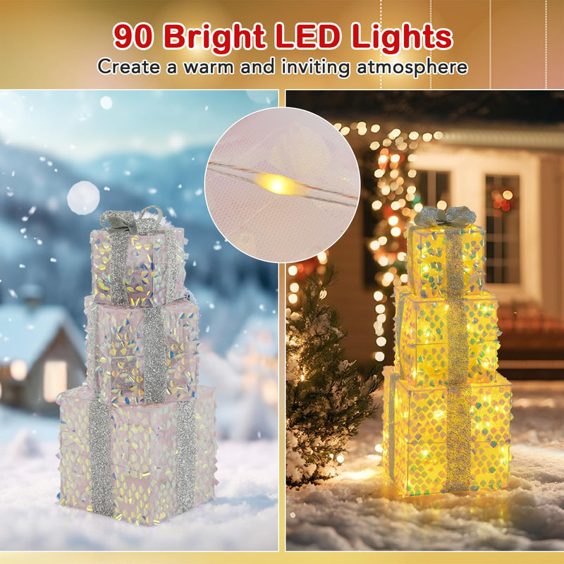 Load image into Gallery viewer, Goplus 3 Pieces Christmas Lighted Gift Boxes ( Laser Fish Scale )
