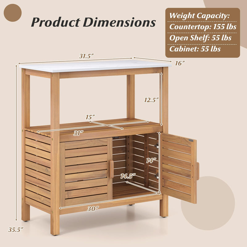 Load image into Gallery viewer, Goplus Outdoor Acacia Wood Buffet Cabinet with Marble-Like Countertop ( 31.5” x 16” x 35.5” )
