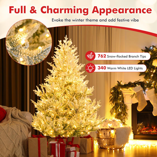 Goplus 6FT / 7FT / 8FT Pre-Lit Snow Flocked Christmas Tree | Holiday H ...