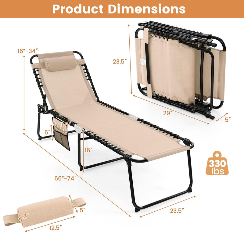 Load image into Gallery viewer, Goplus Beach Lounge Chair, Folding Chaise Lounger with Detachable Pillow &amp; Adjustable 4-Level Backrest &amp; 2-Level Footrest
