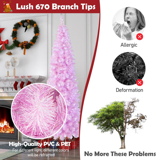 Goplus 7 FT Pre-Lit Pencil Christmas Tree with 670 Branch Tips & 350 Cold White LED Lights