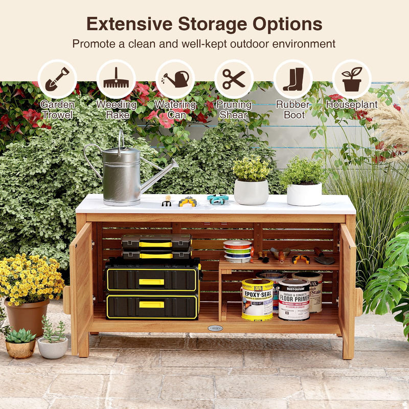 Load image into Gallery viewer, Goplus Outdoor Acacia Wood Storage Cabinet Outside Tool Cabinet with Fax Marble Top
