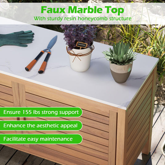 Goplus Patio 2-Door Acacia Wood Storage Container with Faux Marble Top