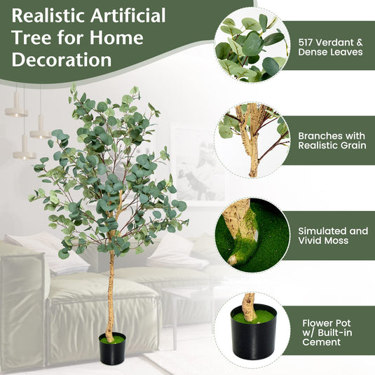 Goplus 5.5ft Artificial Eucalyptus Tree, Tall Faux Eucalyptus Stems Fake Plants in Pot with 517 Silver Dollar Leaves