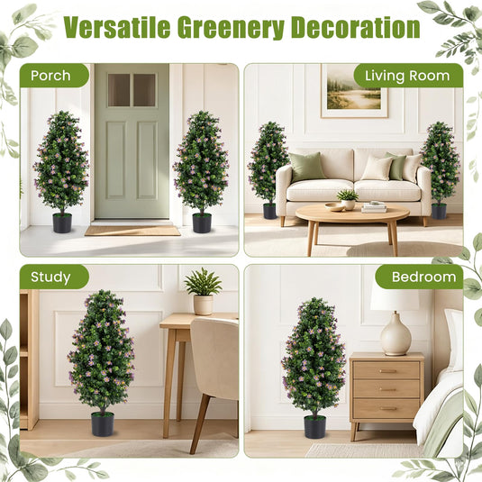 Goplus Set of 2 Artificial Topiary Trees | 3 FT Fake Bushes w/ Round Leaves and Blossoms