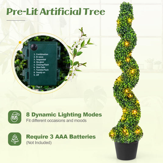 Goplus 4FT Pre-Lit Artificial Spiral Boxwood Topiary Tree w/ 100 LED Lights, Nursery Pot, Indoor Outdoor Home Front Porch Holiday Decoration