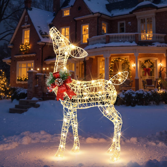 Goplus Christmas Pre-Lit Reindeer, Lighted Baby Deer w/ 50 Warm White LED Lights & Red Bow