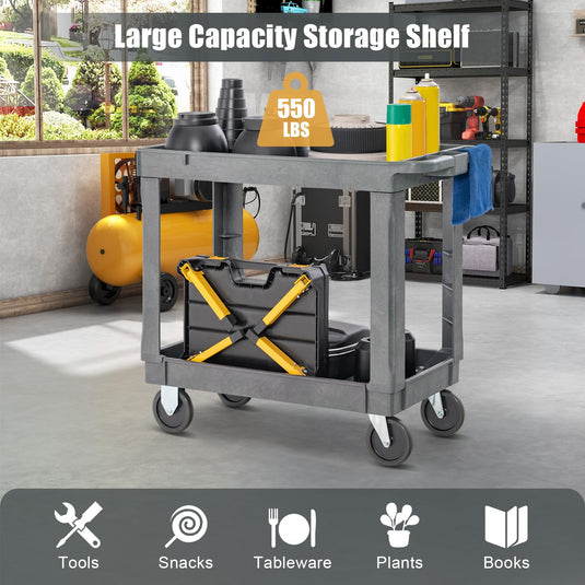Goplus Service Utility Cart, 2-Tier Heavy-Duty PP Rolling Cart with 550 LBS Capacity, 2 Universal Wheels