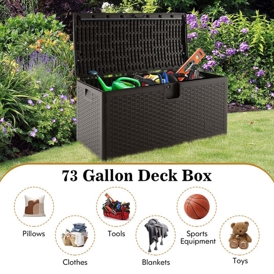 Goplus Outdoor Storage Box, 31 73 100 Gallon Waterproof Resin Patio Storage Box with Lockable Lid, Side Handle for Pillows, Cushions