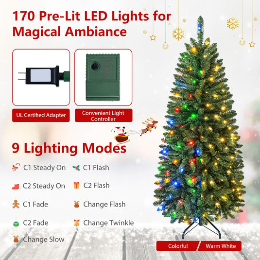 Goplus 5ft/6ft/7ft/8ft Pre-Lit Pencil Christmas Tree with Warm White and Colorful Lights