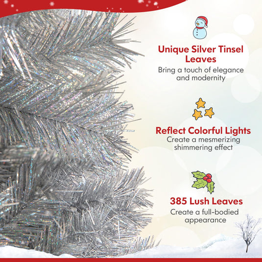Goplus 5ft / 6ft / 7 ft Pre-Lit Silver Tinsel Christmas Tree with Warm ...