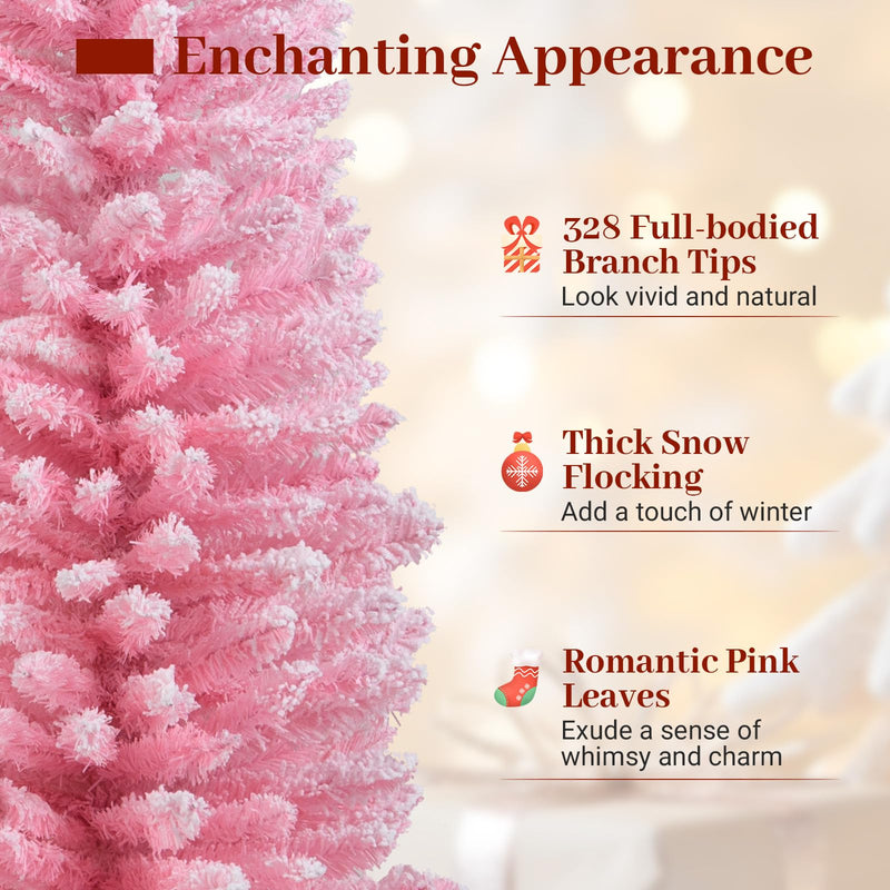 Load image into Gallery viewer, Goplus 5ft / 6ft Pink Slim Pencil Christmas Tree | Snow Flocked Skinny Xmas Full Tree
